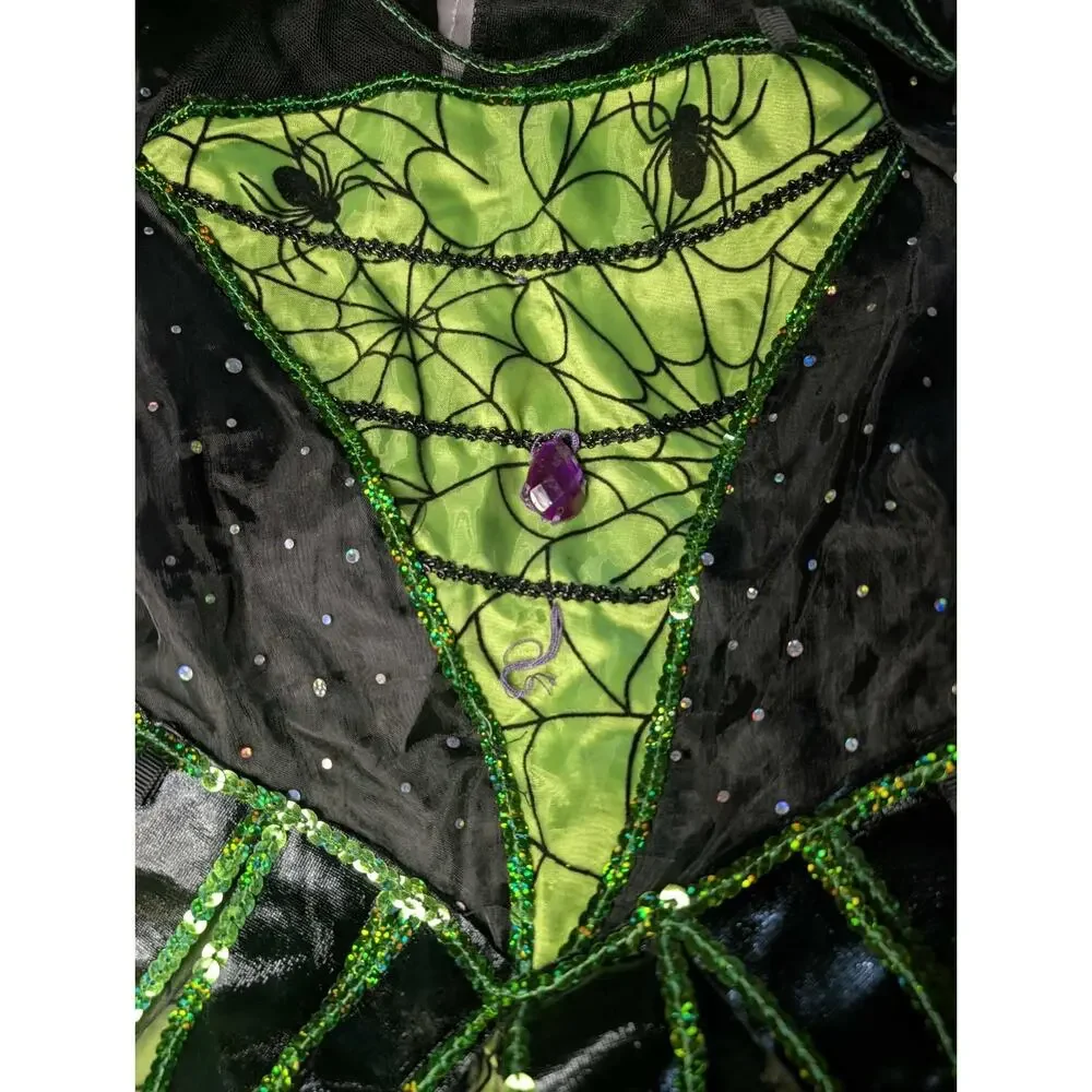 Magical Green Halloween 2 Piece Witch Costume Spiders Girls Size 7-8 Teetot